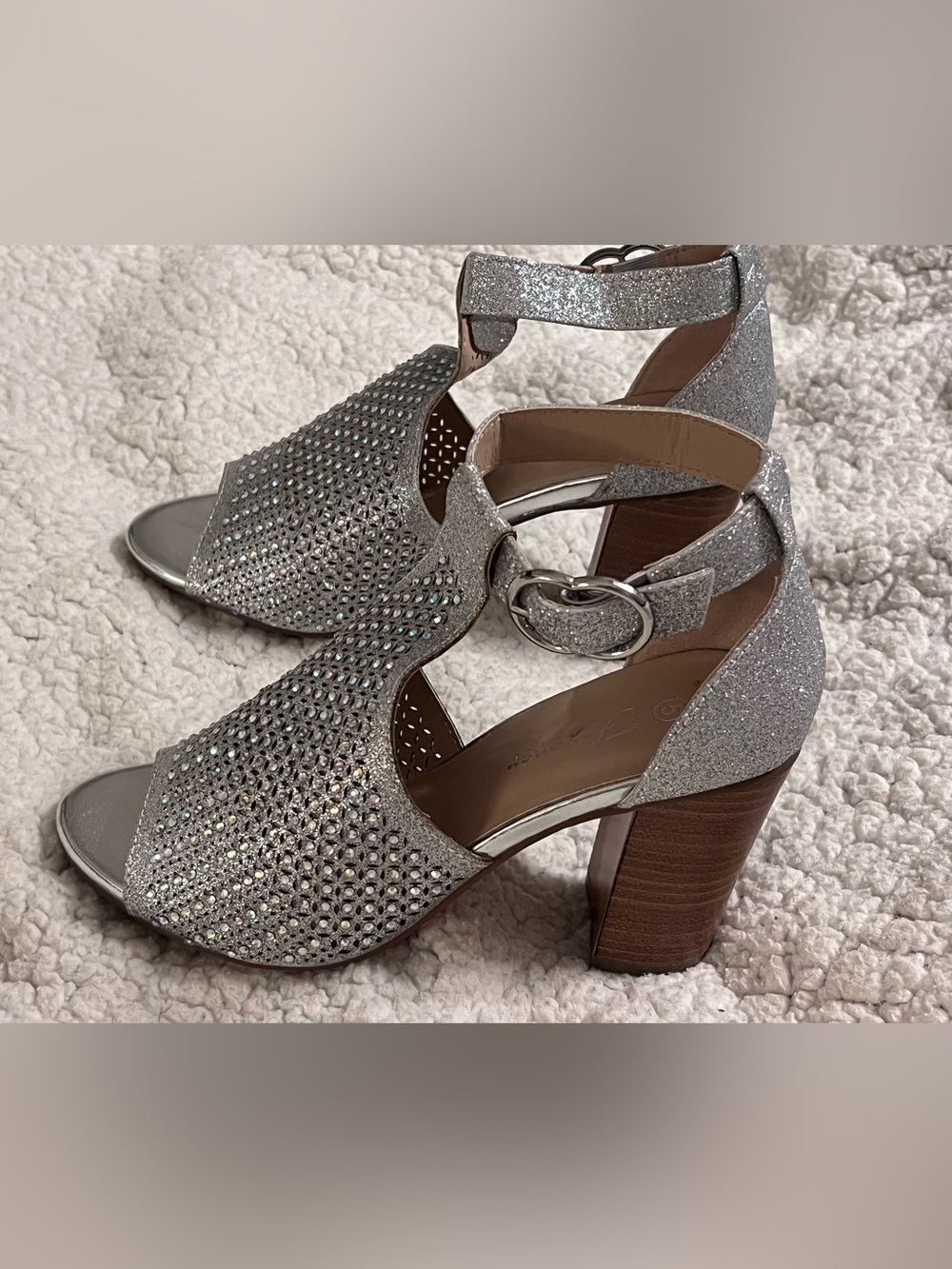 Size 5-Forever brand- glitter-covered heels - block wood-grain heel